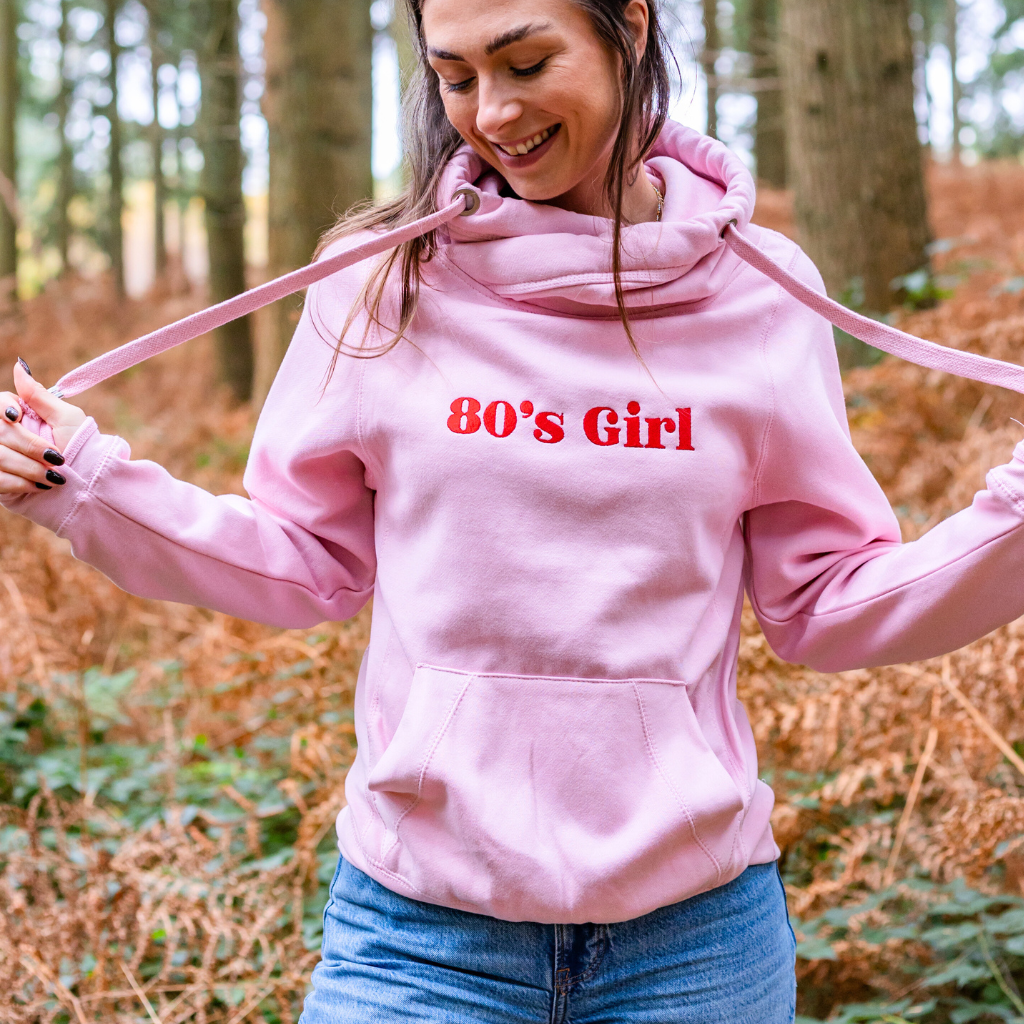 Embroidered '80s Girl Pink Cowl Neck Hoodie – percyandnell