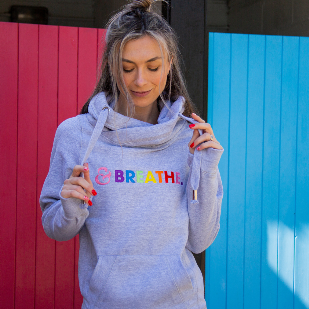 Embroidered Breathe Cowl Neck Hoodie in Grey