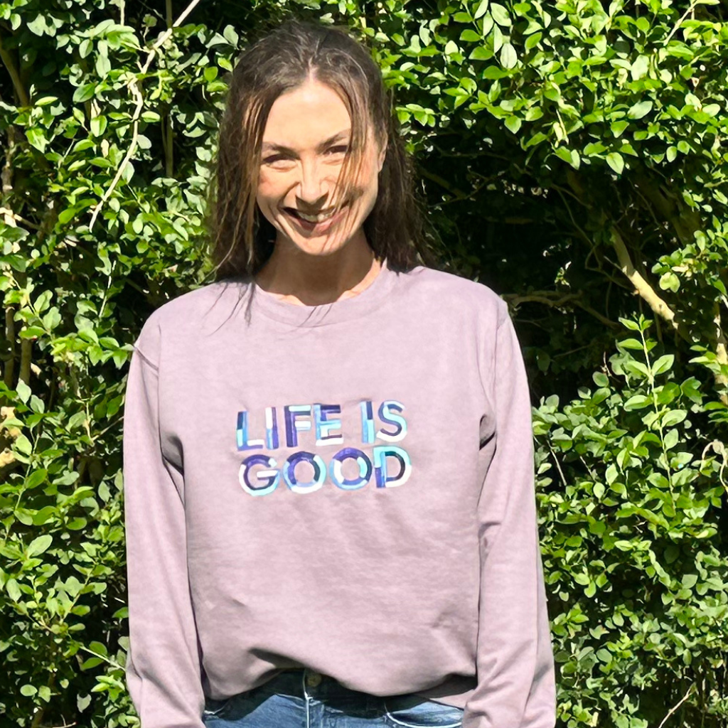 Embroidered Life is Good Sweatshirt in Dusty Lilac