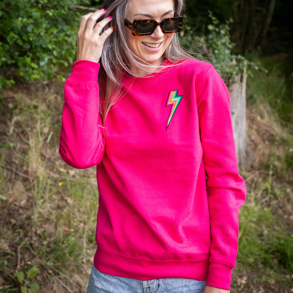 Embroidered Jewel Tone Bolt Sweatshirt in Hot Pink