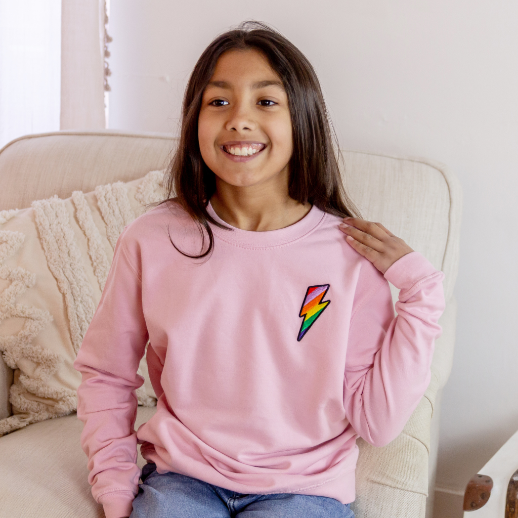 Kids Embroidered Lightning Bolt Sweatshirt in Baby Pink