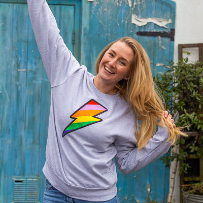 Grey Embroidered Rainbow Lightning Bolt Organic Sweatshirt
