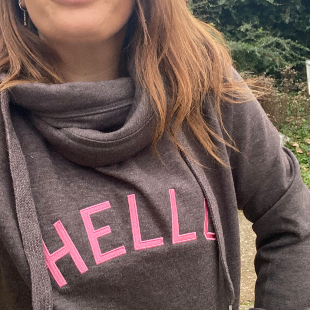 Hello Embroidered Charcoal Grey Cowl Neck Hoodie percyandnell