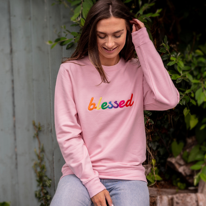 Embroidered Blessed Slogan Sweatshirt in Baby Pink percyandnell