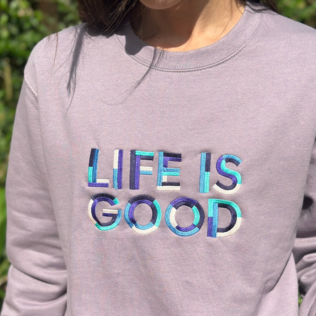 Embroidered Life is Good Sweatshirt in Dusty Lilac percyandnell