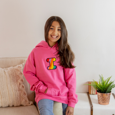 Kids Personalised Rainbow Embroidered Initial Pink Hoodie