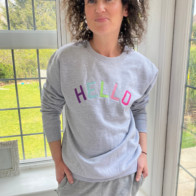 Hello Embroidered Sweatshirt in Grey