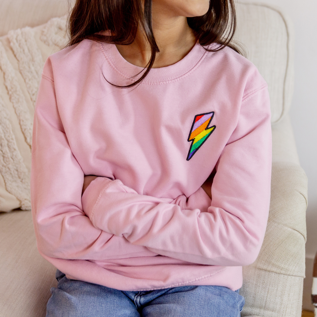 Kids Embroidered Lightning Bolt Sweatshirt in Baby Pink