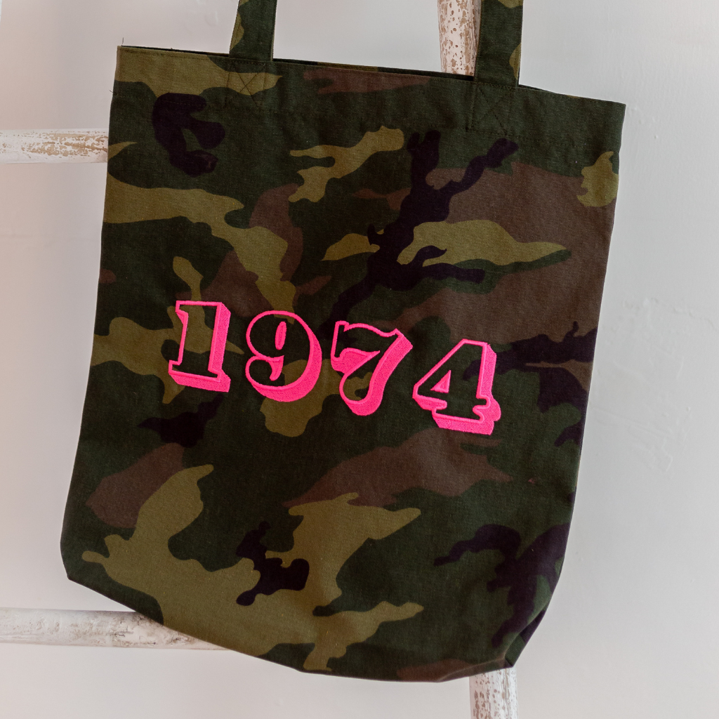 Camo Year of Birth Personalised Embroidered Tote Bag in Neon Pink