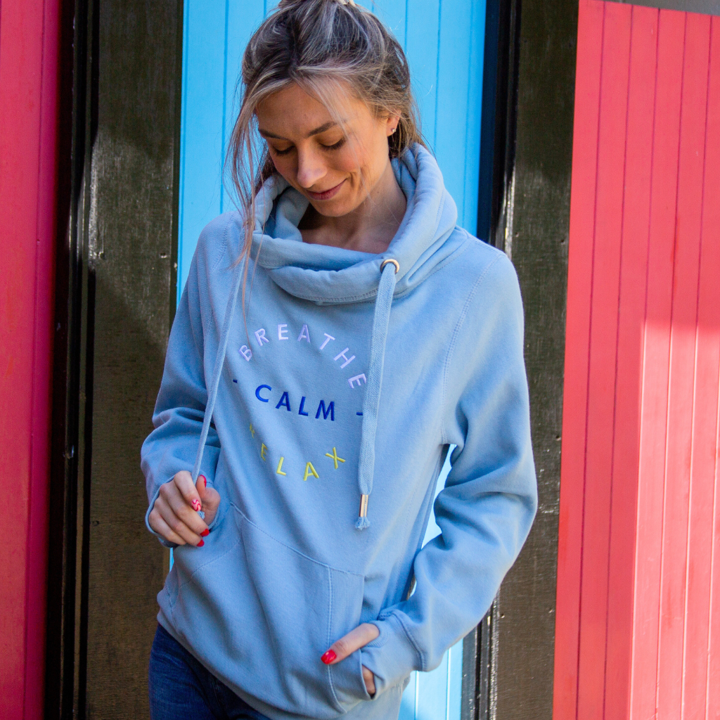 Embroidered Breathe Calm Relax Cross Neck Hoodie in Dusty Blue