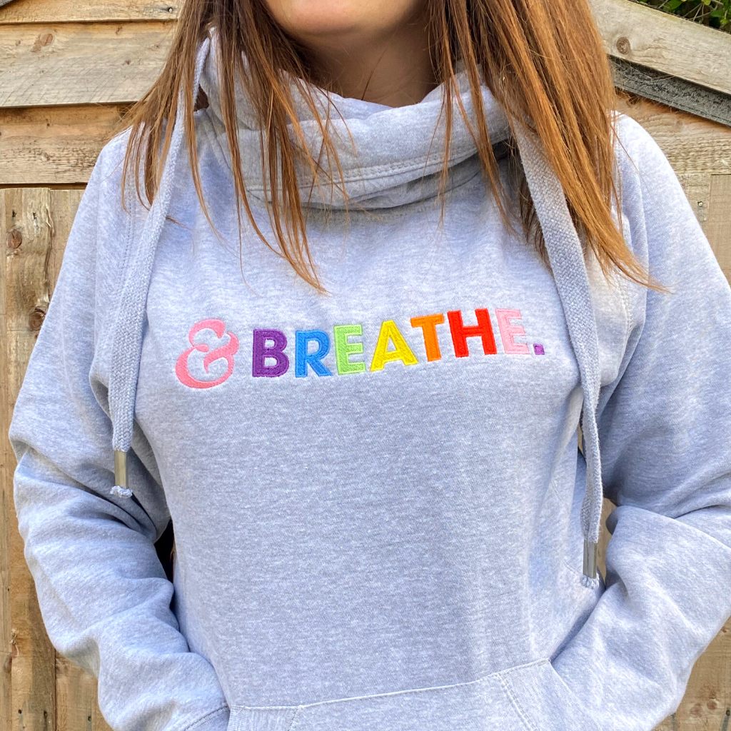 Embroidered Breathe Cowl Neck Hoodie in Grey