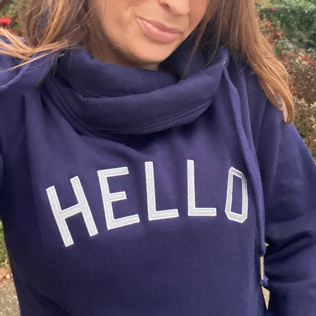 Hello Embroidered Navy Cowl Neck Hoodie