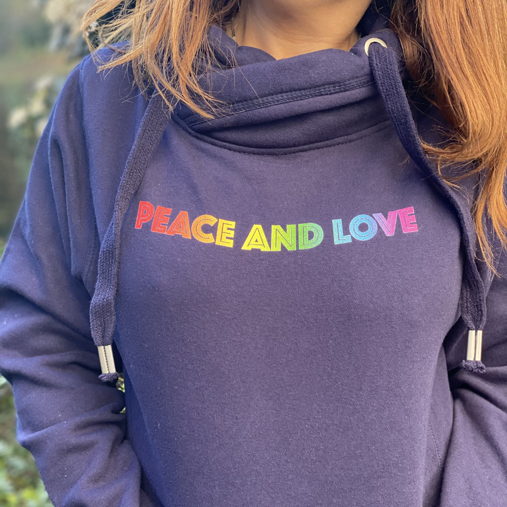 Rainbow Peace and Love Cowl Neck Hoodie in Navy percyandnell