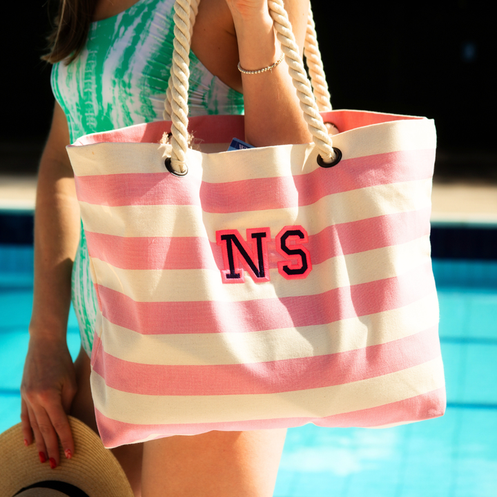 Personalised Embroidered Beach Bag Pink and White percyandnell