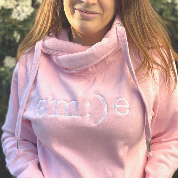 Smile Embroidered Cowl Neck Hoodie in Baby Pink – percyandnell